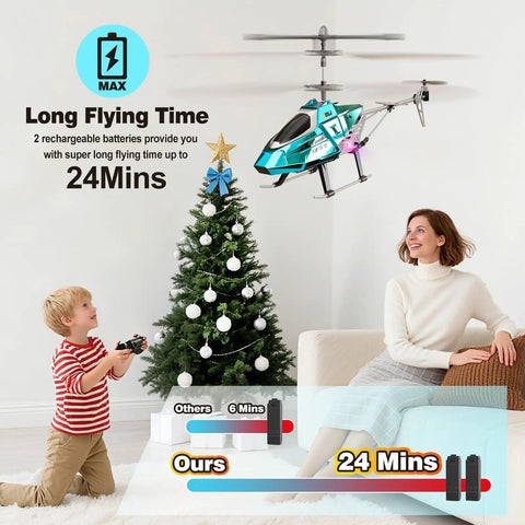Heavy Duty RC Helicopter For Kids With LED Lights, 2.4GHz Remote, flying near Christmas tree, child operating remote, woman observing