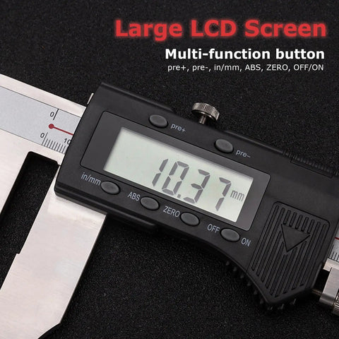 Close-up view of Built Tough Heavy Duty 40 Inch Digital Caliper with a large LCD screen displaying 10.37 mm measurement.