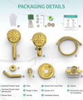 Packaging details of High Pressure 3 Way Rainfall Shower Faucet Set With 3 In 1 Shower Head And Handheld, 71 Inch Hose, Brushed Gold.