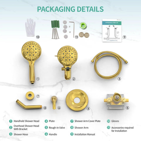 Packaging details of High Pressure 3 Way Rainfall Shower Faucet Set With 3 In 1 Shower Head And Handheld, 71 Inch Hose, Brushed Gold.