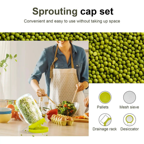 Top Shelf Wide Mouth Mason Jar Sprouting Kit Comes With Slick Metal Mesh Covers Plus Drip Trays for easy kitchen sprouting.