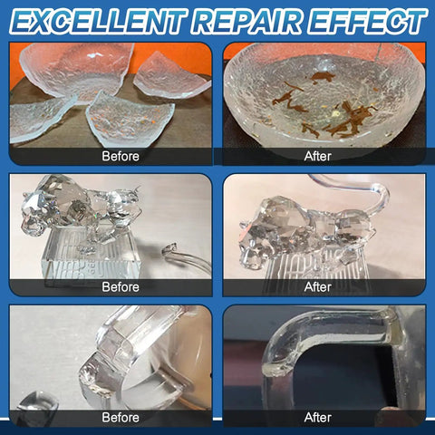 Before and after repair images showing the effectiveness of Clear Glass Glue For Repair And Bonding, Heavy Duty Adhesive.