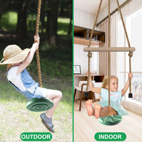 Disc Swing For Kids With 7 Ft Adjustable Height, Monkey Bars, Hanging Tree Seat, Backyard Outdoor Play Set In Green, Ideal Swing Accessory For Hours Of Fun And Active Outdoor Play showing outdoor and indoor use by children.
