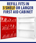 Open first aid cabinet for ANSI 2021 Class B First Aid Kit Refill Pack with 160 pieces, OSHA compliant workplace safety refills.