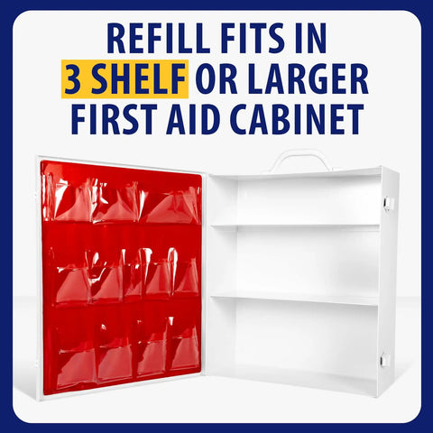 Open first aid cabinet for ANSI 2021 Class B First Aid Kit Refill Pack with 160 pieces, OSHA compliant workplace safety refills.