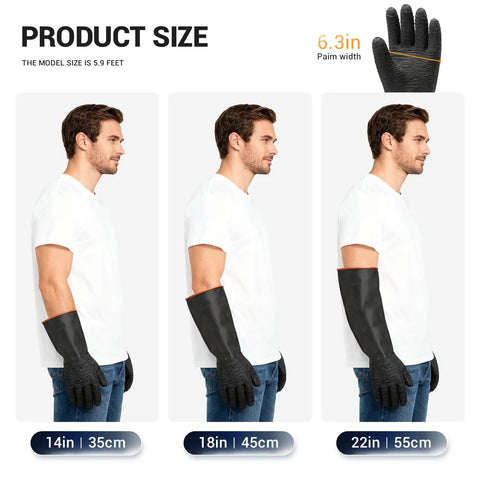 Top Shelf Heavy Duty Rubber Work Gloves With Super Grippy Anti Slip Palms And Hella Thick Durable Natural Latex Hand Armor For Tough Home Cleaning And Yard Chores displayed in three sizes: 14in, 18in, 22in.