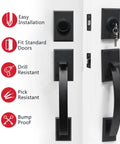 Double Door Lock Set With Deadbolt Entry Door Lockset Single Cylinder Circle Handle Lower Half Grip Black Finish Easy Install