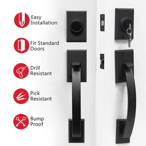Double Door Lock Set With Deadbolt Entry Door Lockset Single Cylinder Circle Handle Lower Half Grip Black Finish Easy Install