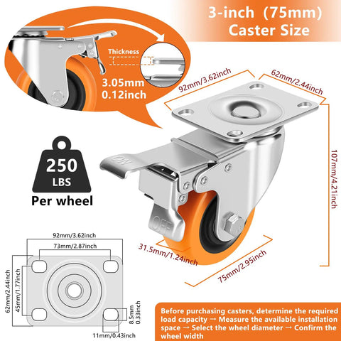 Heavy Duty 3 Inch Caster Wheels Set Of 4 With Dual Pedal Locks And On Off Tabs Swivel Plate Casters diagram