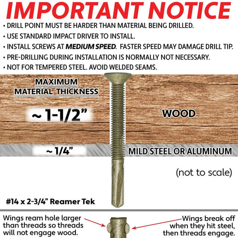 Guidelines for Badass 10 X 1-5/8-Inch Reamer Tek Self Drilling Wood To Metal Screws with Torx drive and reaming details.