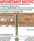 Heavy Duty Self Drilling Wood To Metal Screws With T Thirty Torx Star Heads Built Tough For Trailers And Flatbeds Locks Dead Into Mild Steel Or Aluminum A Solid One Pound Bag Made For No Fuss Upkeep And Long Haul Runs instruction graphic with drill point and material thickness details.