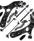 Toyota RAV4 Front End 10pc Suspension Kit 2006 2018 Beefed Up Replacement With Front Lower Control Arms And Ball Joints Sway Bars Tie Rod Ends And Rack Boots For A Smooth Punchy Ride, front parts laid out