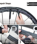 Step-by-step bike tire repair using Must Have Portable Bike Tool Kit 14-In-1 Bicycle Repair Capsule with tool and patch application.