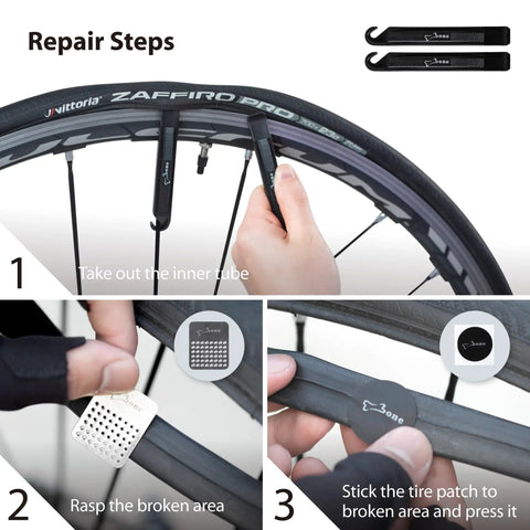Step-by-step bike tire repair using Must Have Portable Bike Tool Kit 14-In-1 Bicycle Repair Capsule with tool and patch application.