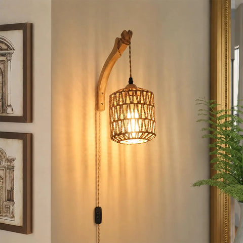 EHFMGYB Rattan Wall Sconces Set of Two Plug in, Boho Wall Lamp with 9.84FT Plug in Cord, hand woven light fixture on wall.
