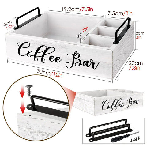 Wooden Coffee Station Organizer For Countertop With White Finish Farmhouse Style Coffee Bar Holder And K Cup Pod Storage Basket