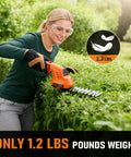 Woman using Cordless 2 In 1 Hedge Trimmer And Grass Cutter Lightweight Handheld Tool with Rotatable Handle in garden