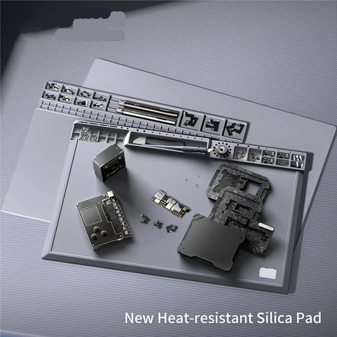 Pro Grade High Temperature Silicone Insulation Pad Work Mat For Phone BGA And PCB Soldering Station Repair, Heat Resistant, Alcohol And Acetone Safe, FDA Compliant Non Toxic Odorless Silicone Board Pad with tools and electronic components displayed