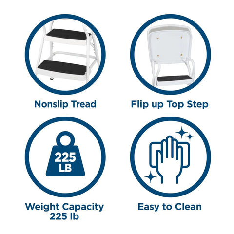 Retro Style Chair And Flip Up Step Stool In White With Vinyl Seat And Steel Frame Dope Multi Purpose Counter Height Seat That Converts Into A Safe Step Stool Easy To Clean Non Marring Feet For Hardwood Floors, features and specifications image