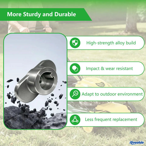 Rock Solid Heavy Duty Blade Adapter 25Mm Shaft With 1.19 Inch Bow Tie shown, highlighting sturdy alloy build for walk behind mowers.