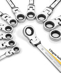 12 Piece Metric Ratchet Spanner Set With Flexible Head, Easy Grip Universal Wrenches Go To Tight Spaces, Durable Anti Rust Finish, High Hardness Tool Kit For Home Repairs And Auto Maintenance displayed in a semi-circle
