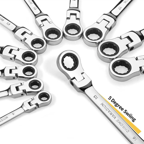 12 Piece Metric Ratchet Spanner Set With Flexible Head, Easy Grip Universal Wrenches Go To Tight Spaces, Durable Anti Rust Finish, High Hardness Tool Kit For Home Repairs And Auto Maintenance displayed in a semi-circle