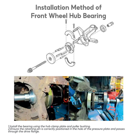 Installation steps for Wheel Hub Bearing Removal Puller and Install Kit for Front Wheel Drive Cars with 82mm puller.