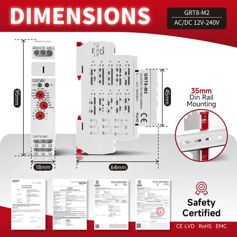 Dimensions and features of Multifunction Time Relay 16A With 10 Functions For AC DC 12V 240V Relay GRT8 M2