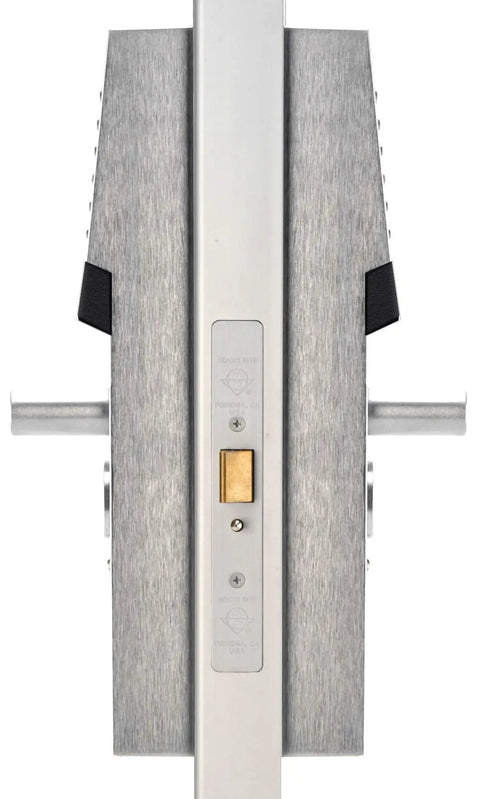 Heavy Hitter Electric Door Lock With Built In Wireless Card Reader And Passcode Entry, showing satin chrome housing and key entry.