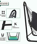 U Shaped Hammock Chair With Stand For Indoor Or Outdoor Relaxation Sturdy Rust Resistant Cozy Gray Cotton Swing Chair No Overhead Beam Design For Wider View Porch Patio Balcony Chill And Unwind In Style side view with stand details