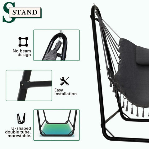 U Shaped Hammock Chair With Stand For Indoor Or Outdoor Relaxation Sturdy Rust Resistant Cozy Gray Cotton Swing Chair No Overhead Beam Design For Wider View Porch Patio Balcony Chill And Unwind In Style side view with stand details