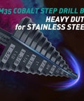 Pro Grade Step Drill Bit Set For Steel And Metal With M35 Cobalt 13 Step Holes One And Five Eighths Inch Two Straight Flutes Extra Heavy Duty For Stainless Steel Aluminum Wood PVC Copper Goes Through Steel Like Butter Long Lasting Sharp Cutting By OXMUL shown close-up