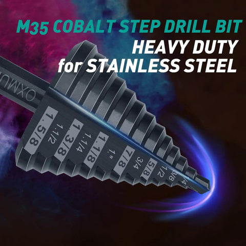 Pro Grade Step Drill Bit Set For Steel And Metal With M35 Cobalt 13 Step Holes One And Five Eighths Inch Two Straight Flutes Extra Heavy Duty For Stainless Steel Aluminum Wood PVC Copper Goes Through Steel Like Butter Long Lasting Sharp Cutting By OXMUL shown close-up
