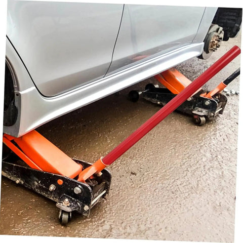 Heavy Duty Floor Jack Handle Replacement With Textured Grip Sleeve For 50 Ton Hydraulic Bottle Lifts, glossy red, in use with jack.