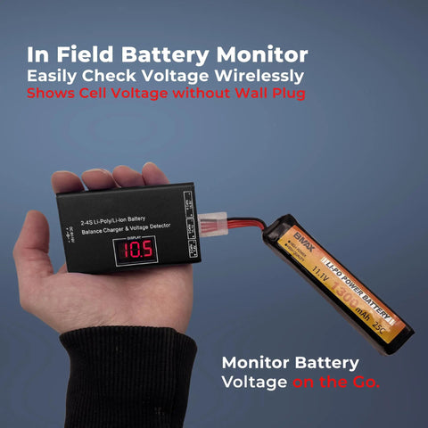 Hand holding Versatile LiPo Balance Charger With Wireless Voltage Meter For 7.4V 11.1V And 14.8V Batteries.