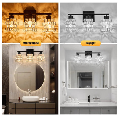 3 Light Crystal Bathroom Vanity Light Fixture Over Mirror Rotatable Matte Black Crystal Indoor Wall Lights Sink Mirror Foyer Chrome Glass Modern Lampshade in warm white and daylight settings