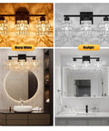 4 Light Brushed Nickel Bathroom Vanity Fixture with Rotatable Heads and Clear Glass Lampshades in Warm Light and Daylight