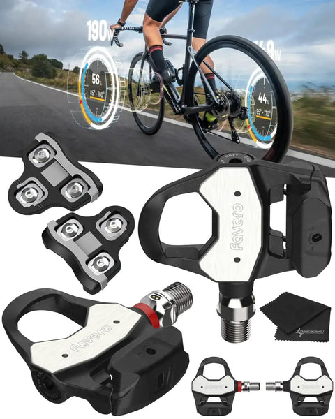 PRO RL-1 Left Side Power Meter Pedal Set With Look Keo Compatibility displayed with included cleats and towel bundle