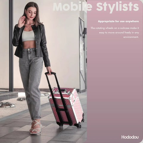 Rolling Makeup Case On Wheels With Drawer For Estheticians Manicurists And Mobile Stylists Durable Aluminum Trolley Glitter Pink
