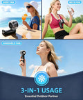 Woman using Portable Handheld Turbo Fan On The Go With Ice Cooling And 45ml Mist Tank, Instant 60F Chill outdoors