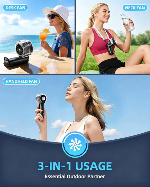 Woman using Portable Handheld Turbo Fan On The Go With Ice Cooling And 45ml Mist Tank, Instant 60F Chill outdoors
