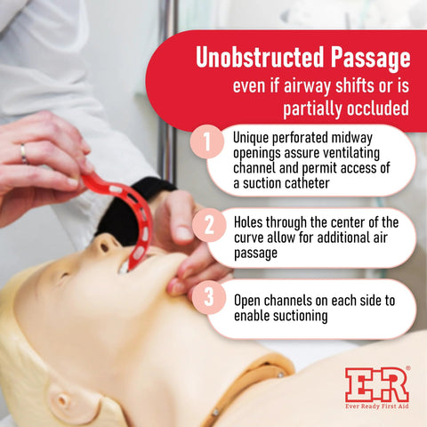Front view of Ever Ready First Aid Berman Oral Airway kit; red curved airway near a CPR mannequin mouth; ER logo.