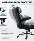 Big And Tall 500Lbs Office Chair With Inflatable Lumbar Support, showing tilt lock and rocking adjustments, ergonomic design