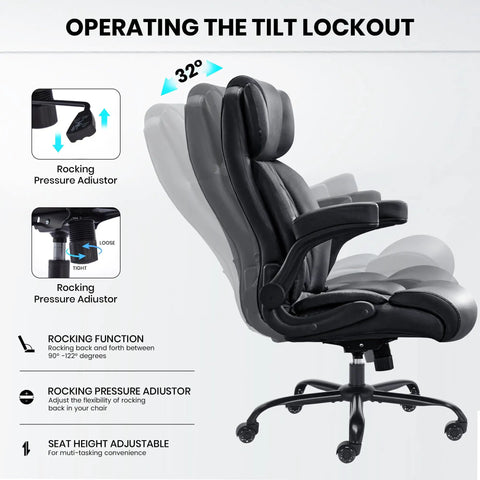 Big And Tall 500Lbs Office Chair With Inflatable Lumbar Support, showing tilt lock and rocking adjustments, ergonomic design