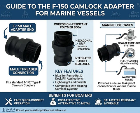 Guide image of one and a half inch marine pumpout adapter with NPT threads, polypropylene camlock coupling, beefy black boat fittings