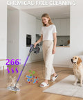 Heavy Duty Steam Mop Cleaner Chemical Free Floor Sanitizer For Hardwood Tile Laminate And Windows featuring a woman using it on hardwood floors.