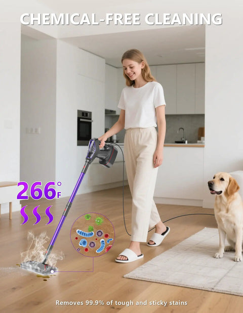 Heavy Duty Steam Mop Cleaner Chemical Free Floor Sanitizer For Hardwood Tile Laminate And Windows featuring a woman using it on hardwood floors.