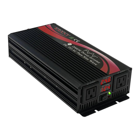 Power Inverter 2000W 24V DC To 110V 120V AC Pure Sine Wave With LED Display, black ridged design, front outlets visible.