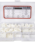 Heavy Duty Nylon Flat Washers Assortment Kit For Mechanical And Electrical Jobs, Top Shelf White Plastic Pa66 Insulating Hardware For Metric Screws And Bolts, 720 Piece Rock Solid Pack in a clear organizer.