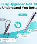 Electric Nail Drill Cordless Led Screen 25 Speeds Lightning Fast Manicures Pedicures showing comparison of drill features.